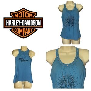 Women's Harley-Davidson Blue Tank Top with Metal Rings Detail, Size S